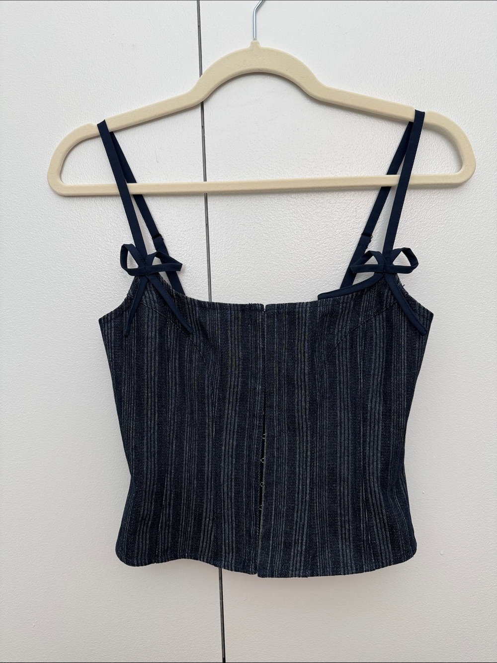 Lioness Navy Pinstripe Tie-Shoulder Denim Corset Top